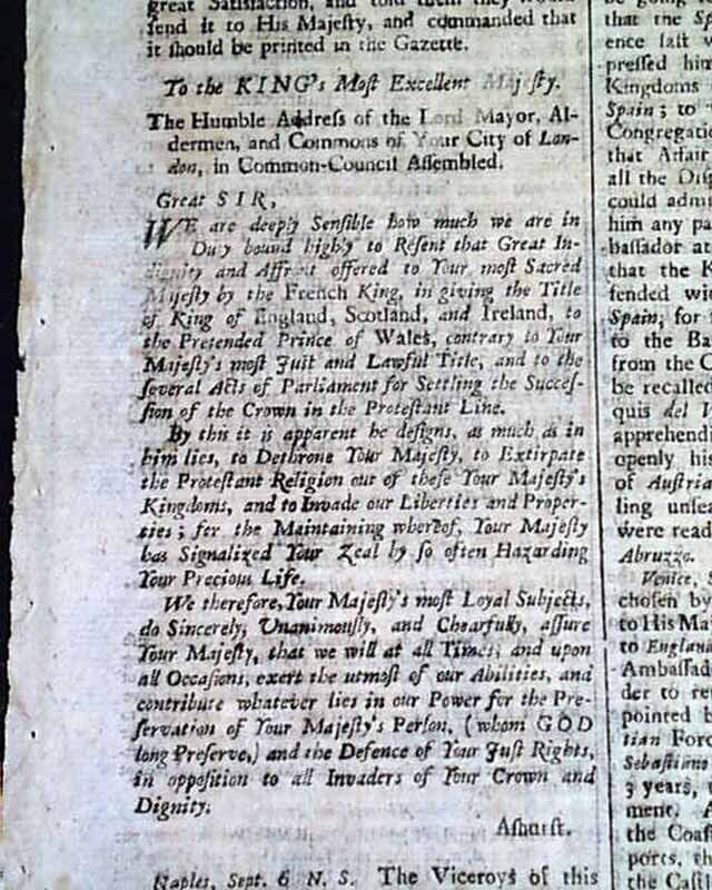James Francis Edward Stuart The Old Pretender King 1701 British Newspaper 