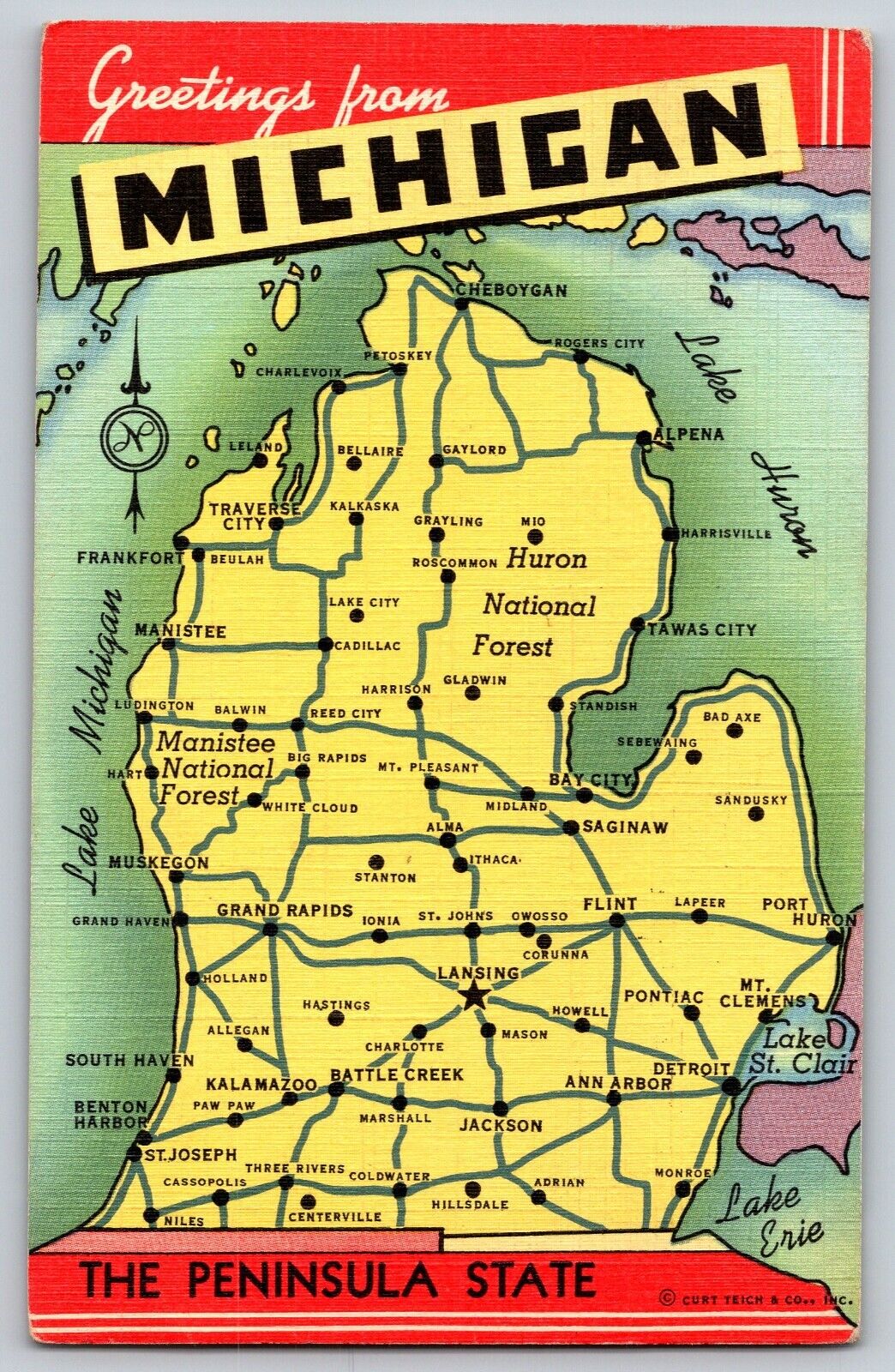 Michigan MI - Greetings - The Peninsula State - Vintage Postcard - Posted 1943