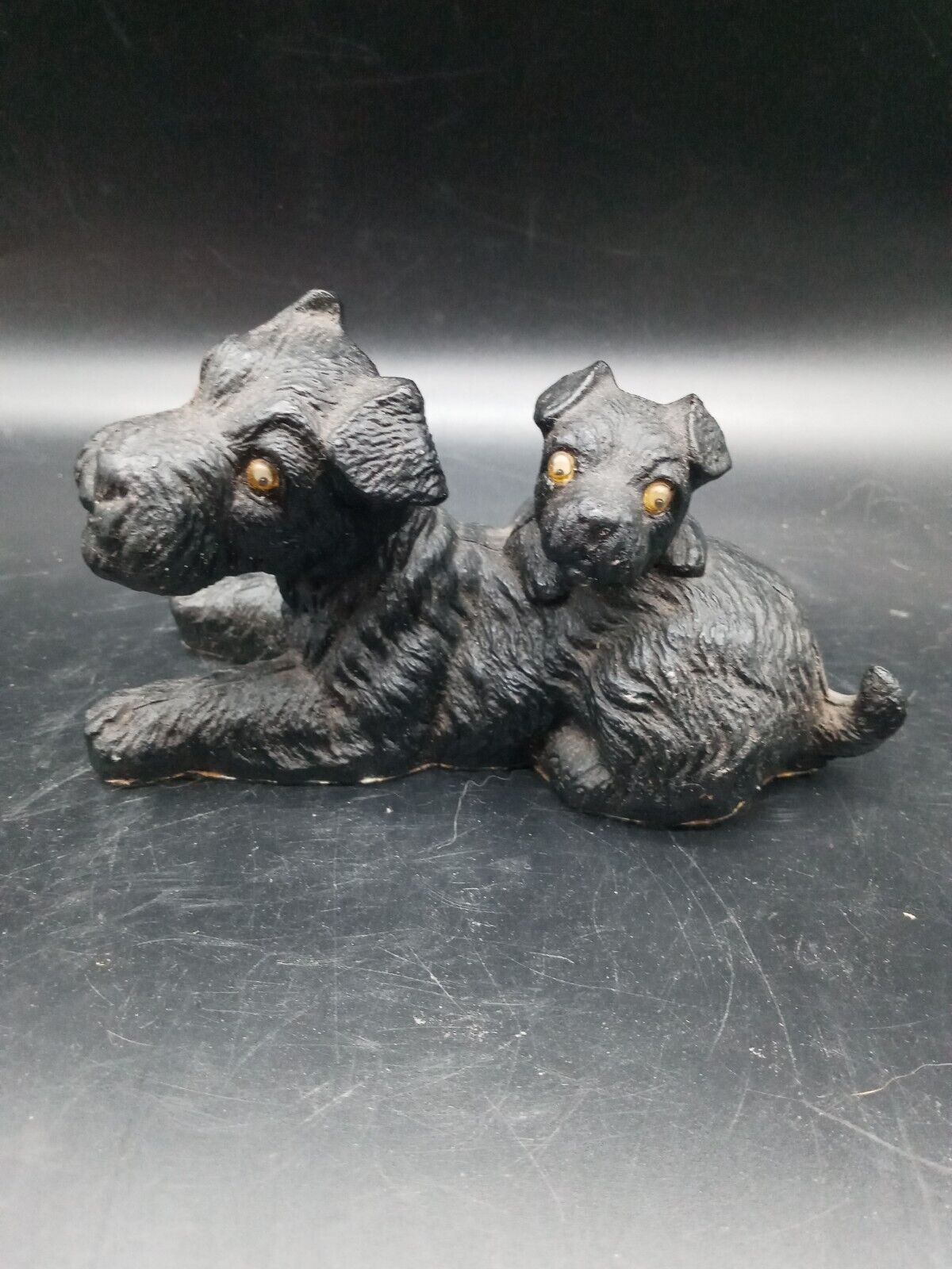 VTG Coal Carved Schnauzer Dogs Googly Eyes Mom & Pup