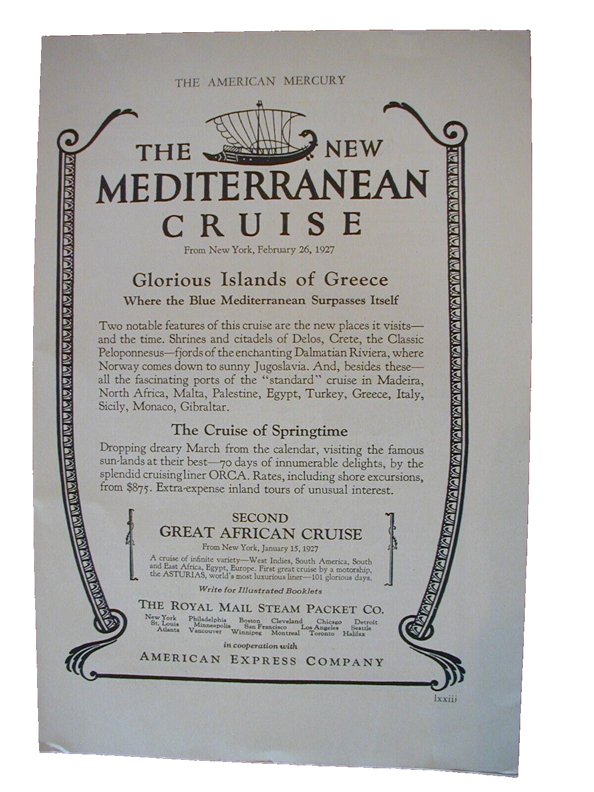1926 The New Mediterranean Cruise Glorious Island of Greece Vintage PRINT AD 67