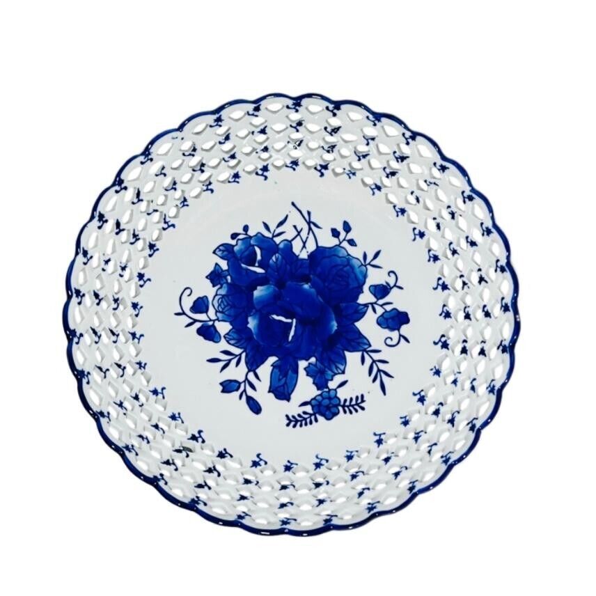 Vintage Keepsake/Vanity Dish Rose Porcelain Blue White 8 3/4 in Dia x 1 1/2 in H