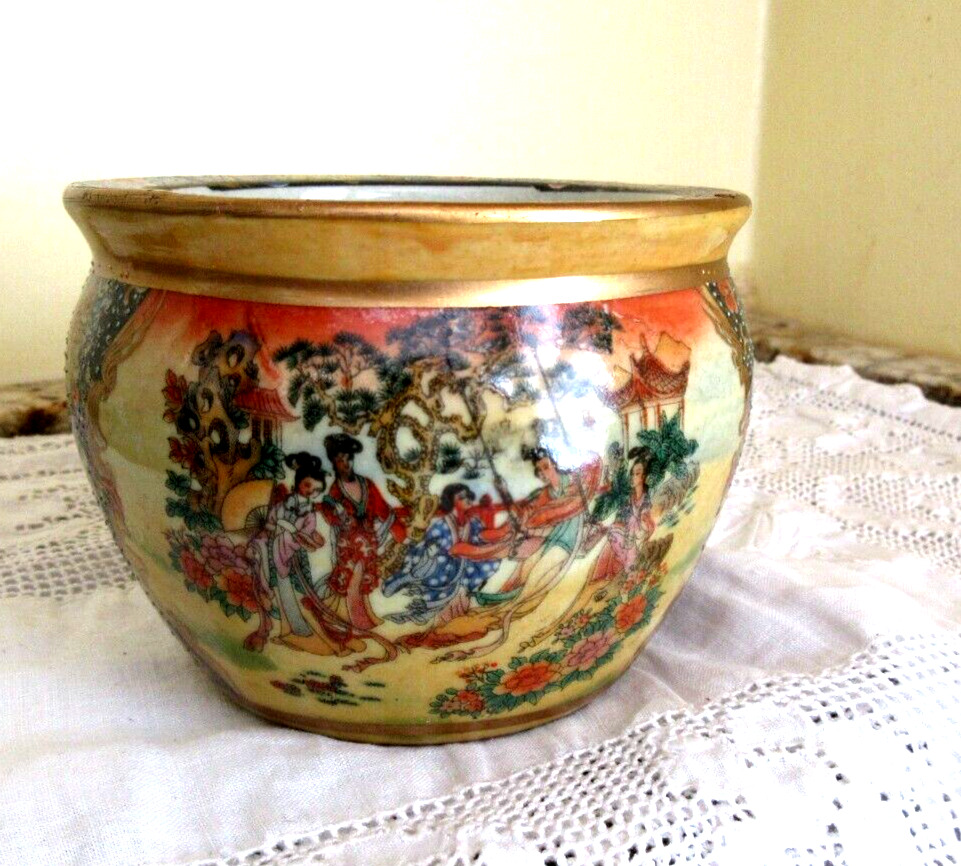 Vintage SATSUMA Ceramic Fishbowl Planter Pot 3\