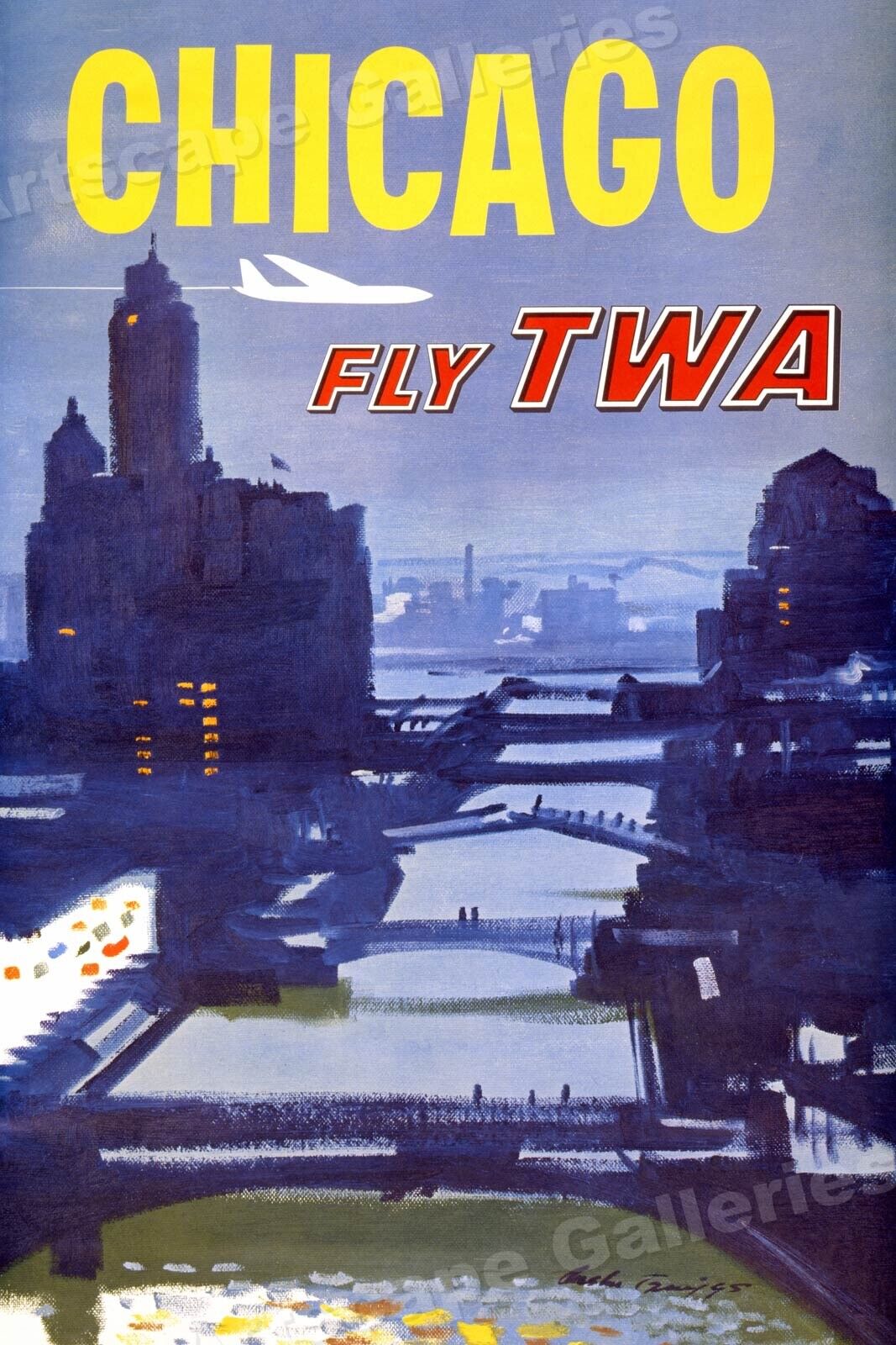 Fly TWA to Chicago Classic Airline Vintage Style Travel Poster - 24x36