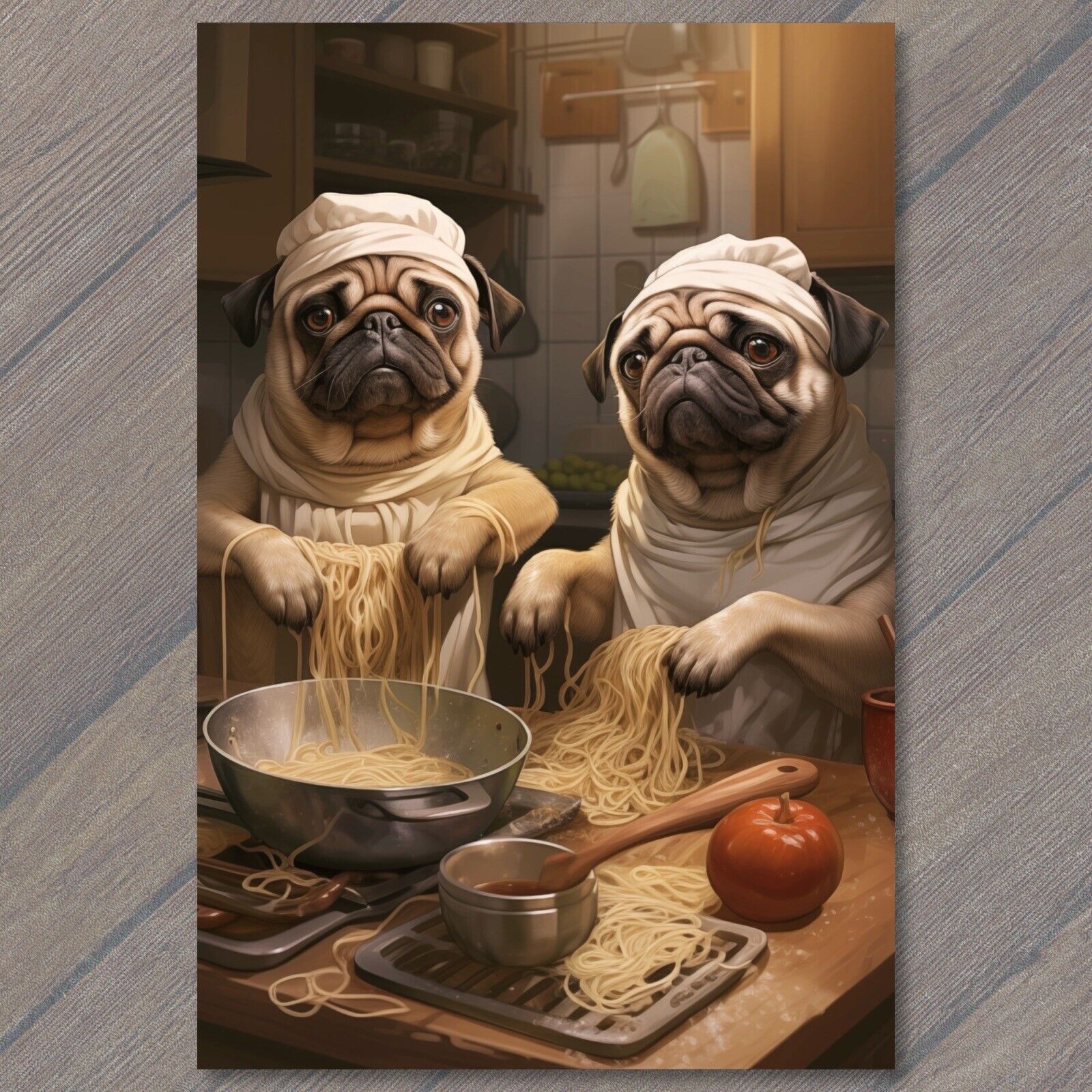 POSTCARD Pugs in Hilarious Spaghetti Chaos Dogs Entangled in Noodles
