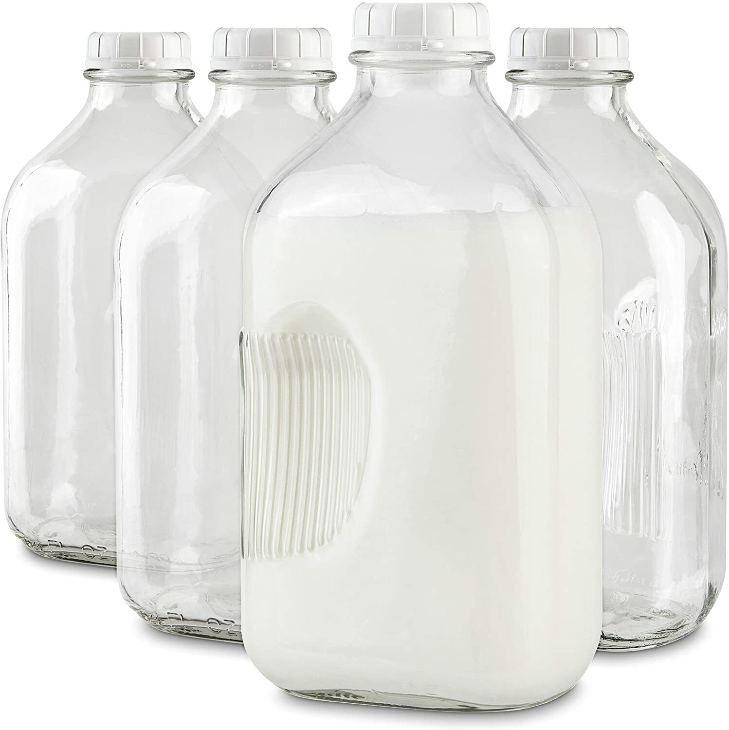 64- Oz Glass Milk Bottles with 8 White Caps (4 Count ) Food Grade Glass Bottles