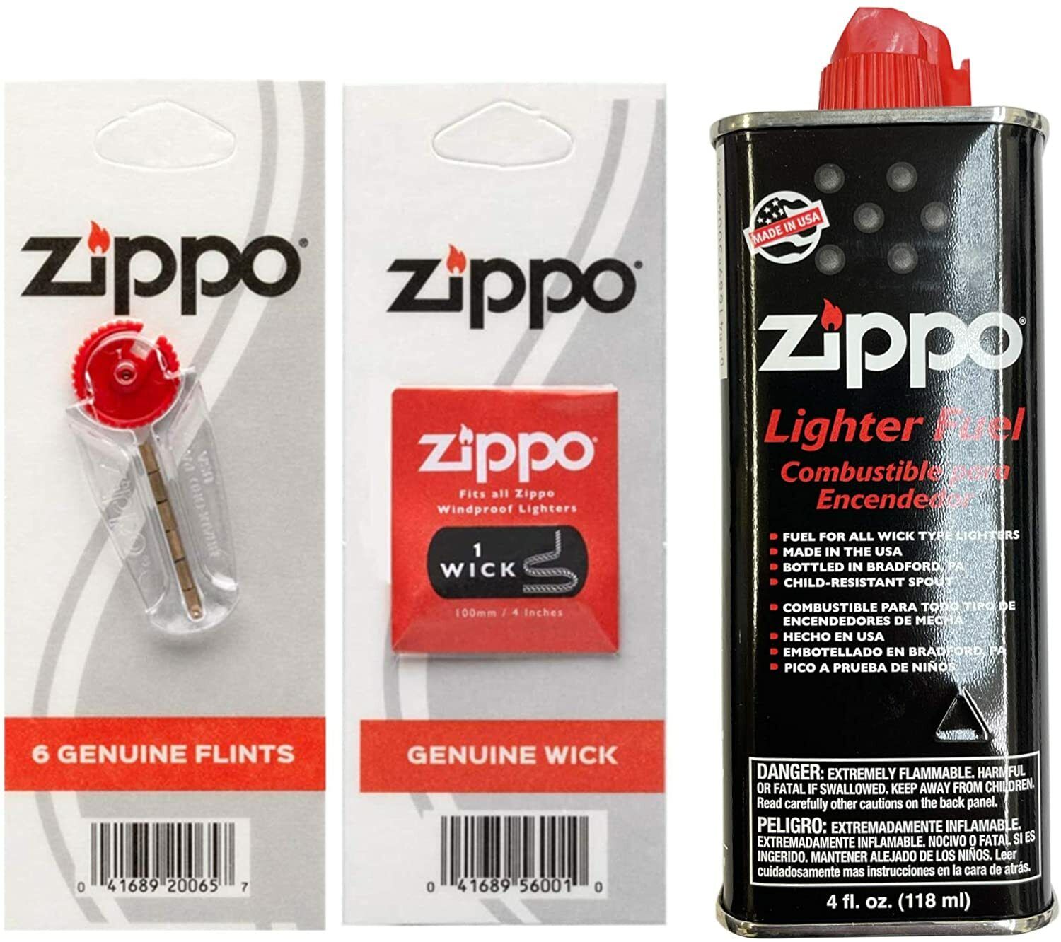 Authentic Zippo Lighter Fluid 4.oz 1 Flint & 1 Wick Value Set **Free Shipping**