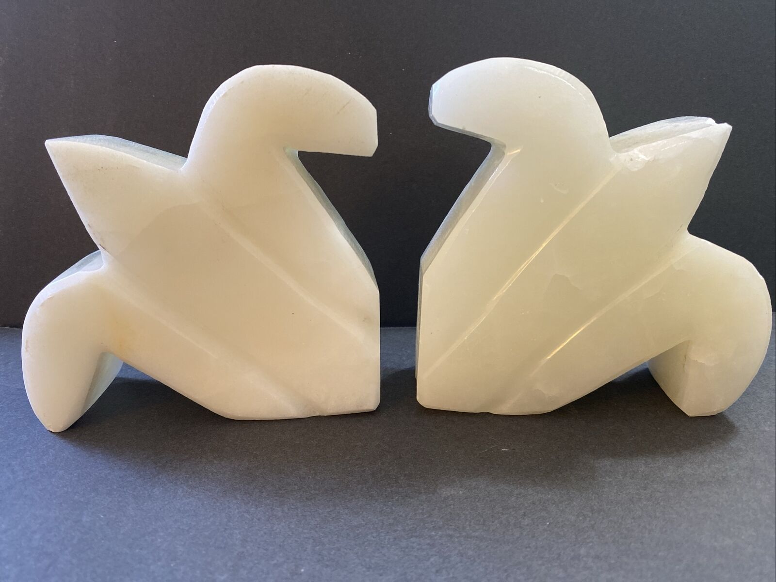 VTG Carved Polished White Stone Flyer Di Loa Bookends MCM Home Decor