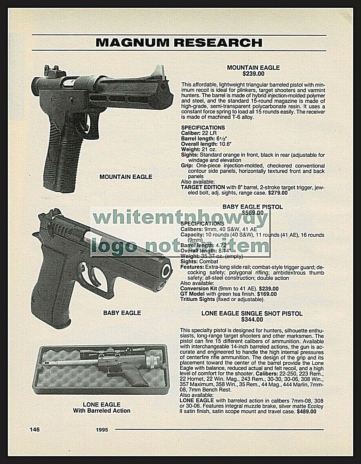 1995 MAGNUM RESEARCH Mountain, Baby & Lone Eagle Pistol PRINT AD w/ specs