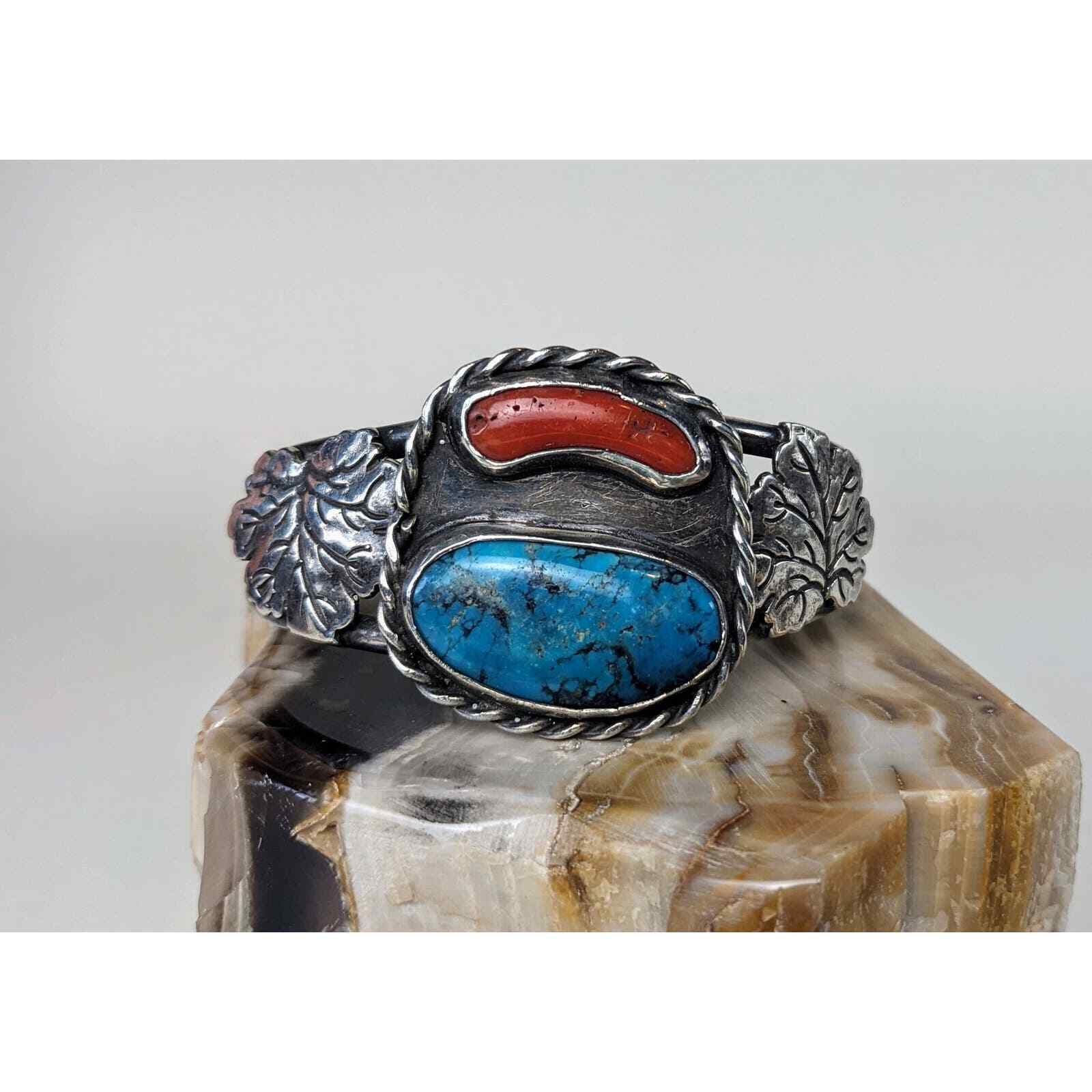 Vintage 1970s Navajo Turquoise and Coral sterling silver cuff bracelet 