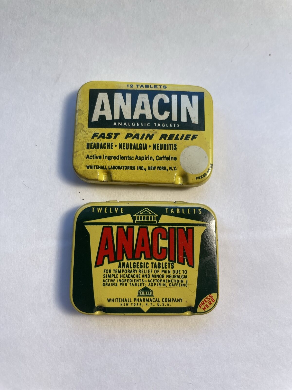 Vintage Anacin Aspirin Tablets Pills Tin Metal Box Whitehall NY Pharmacy Vintage