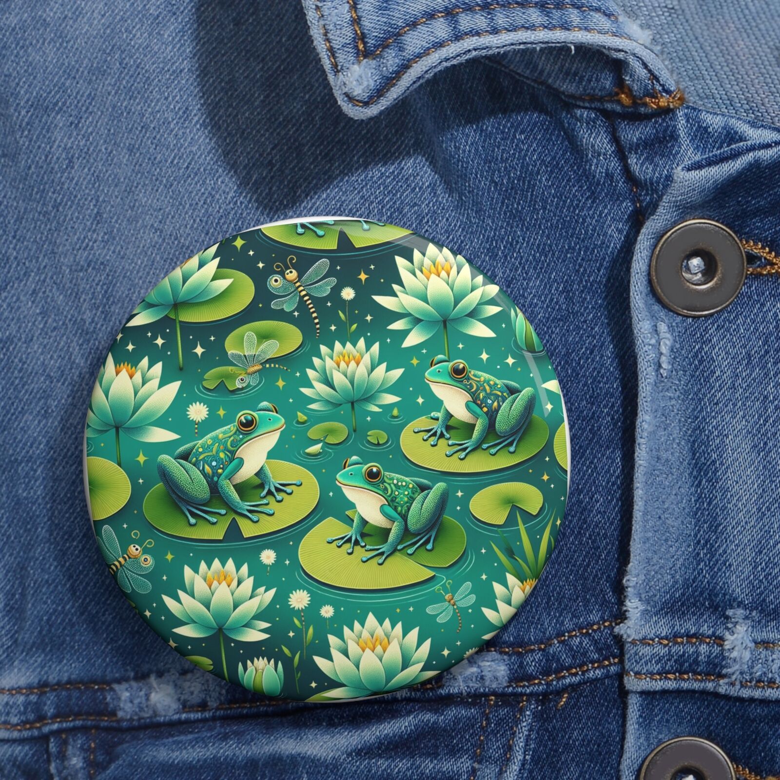 Custom Pin Button Badge Frogs Waterlilies Biodiversity Pond Nature Dragonfly