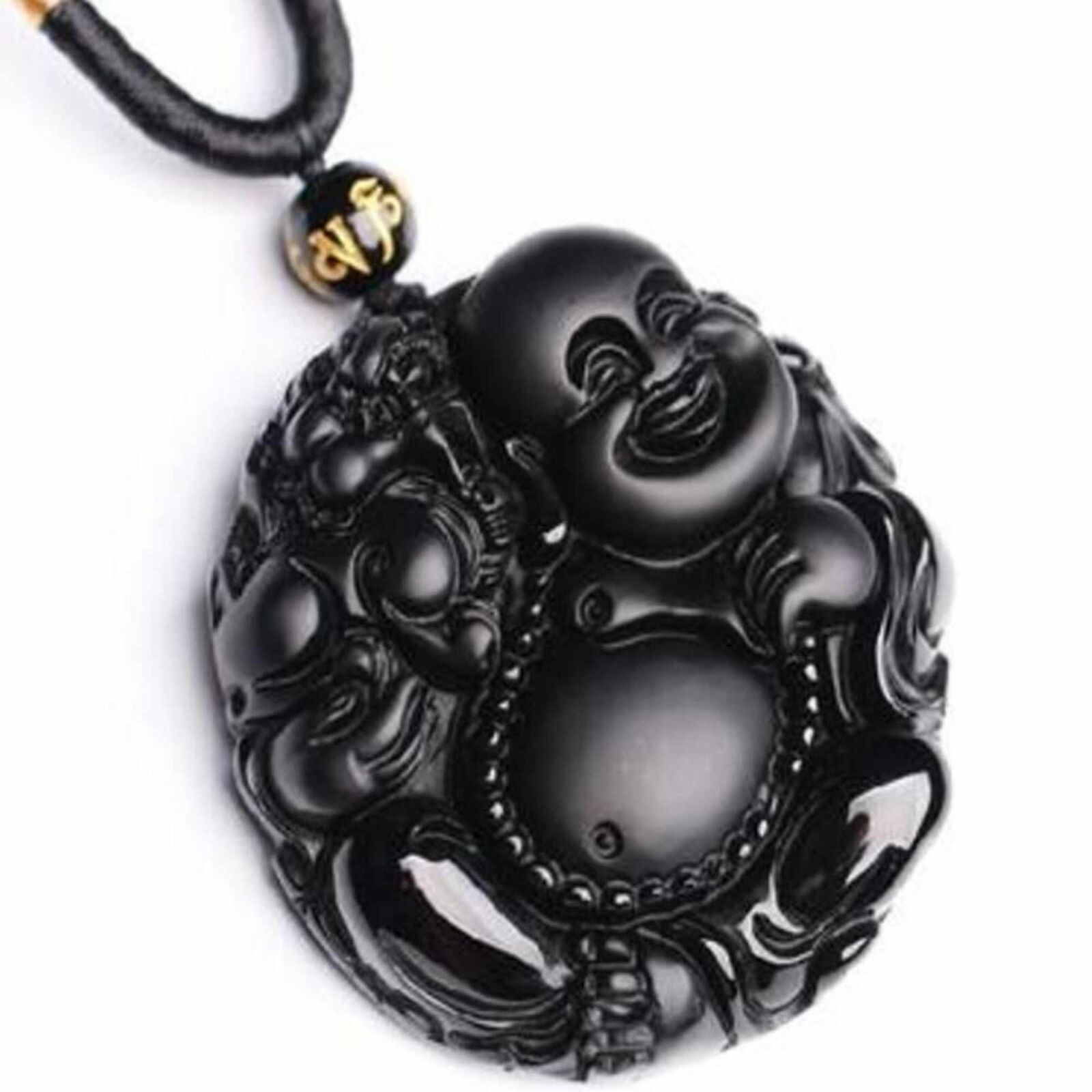 Natural Obsidian Buddha head gemstone beads necklace gift Mental Dark Matter