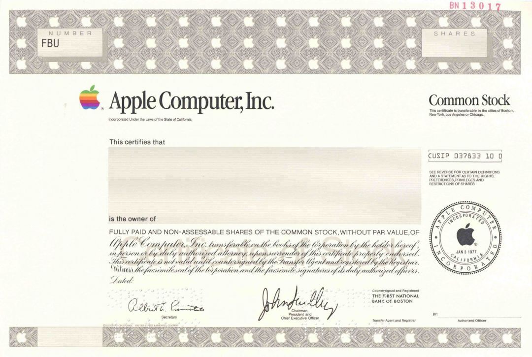 1988 dated APPLE Computer SPECIMEN Common Stock Certificate - Printed Signature 