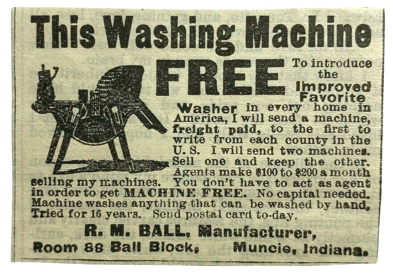 1900's 1903 Original Print Ad Washing Machine Free R. M. Ball Muncie Indiana IN