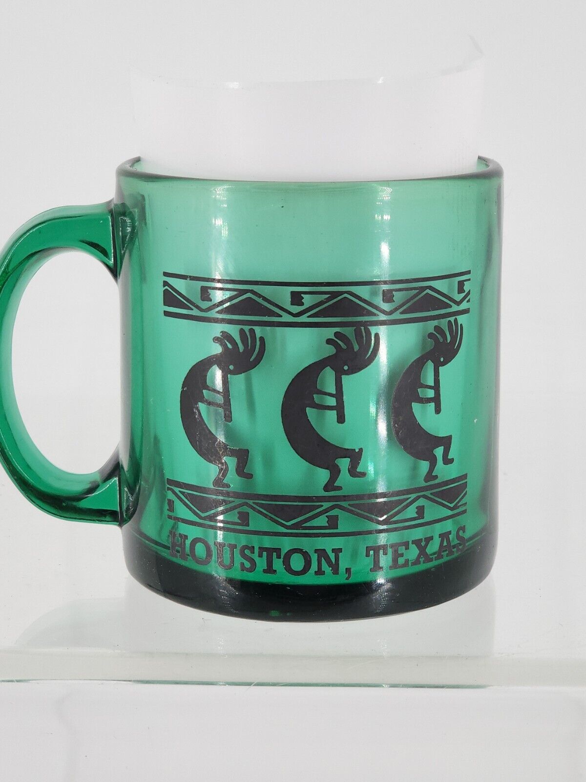 Kokopelli Coffee Mug Houston Texas Green Glass Made In USA