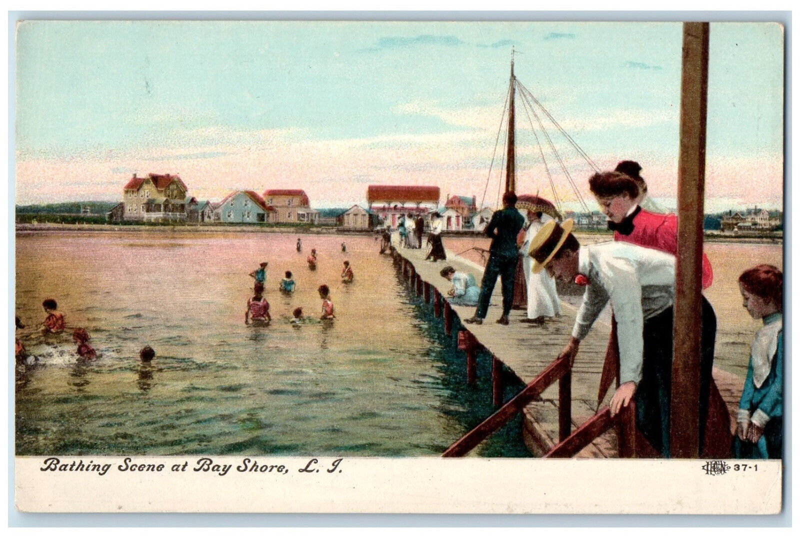1908 Bathing Scene at Bay Shore Long Island New York NY Antique Postcard
