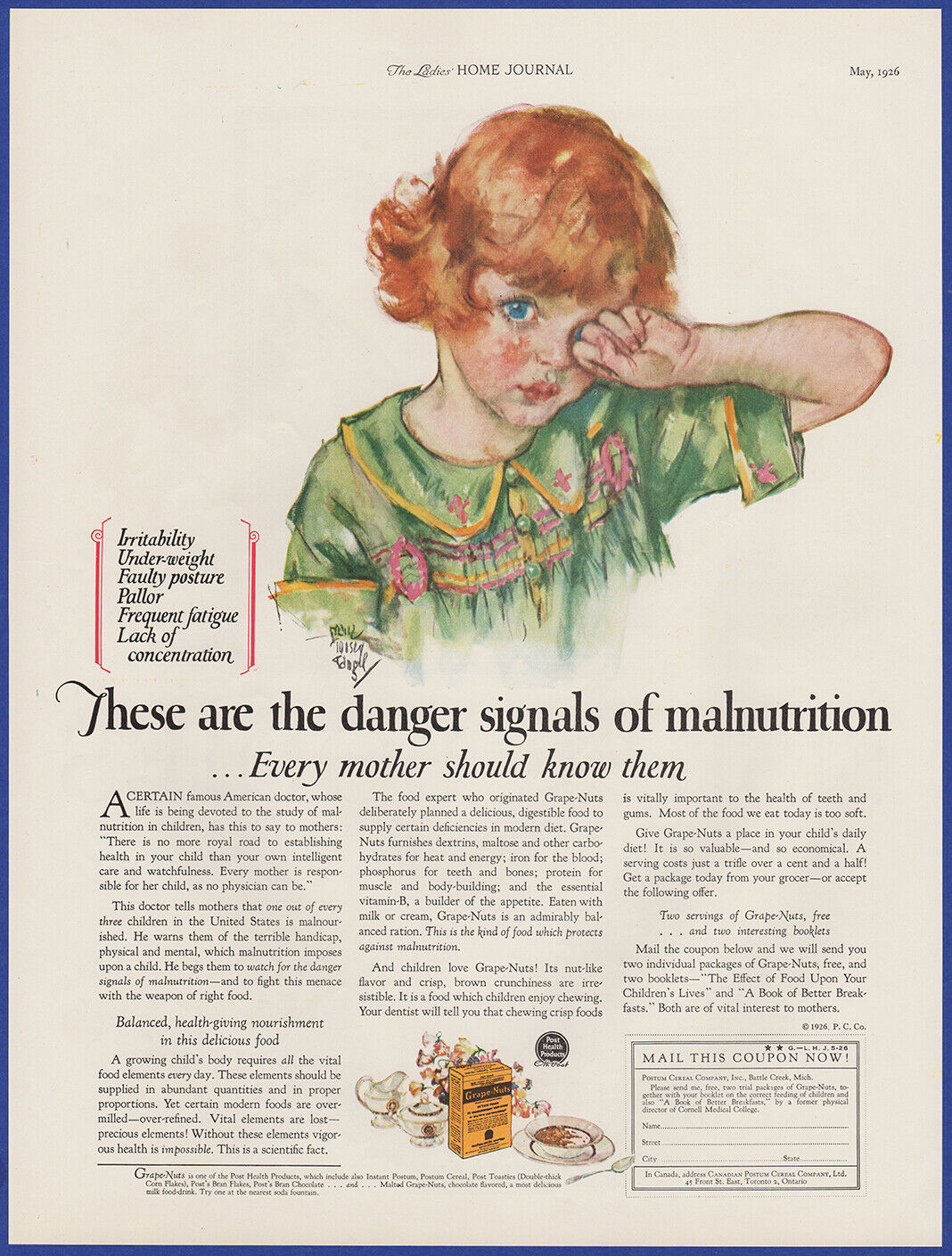 Vintage 1926 GRAPE-NUTS Breakfast Cereal Maud Tousey Fangel Art 20s Print Ad