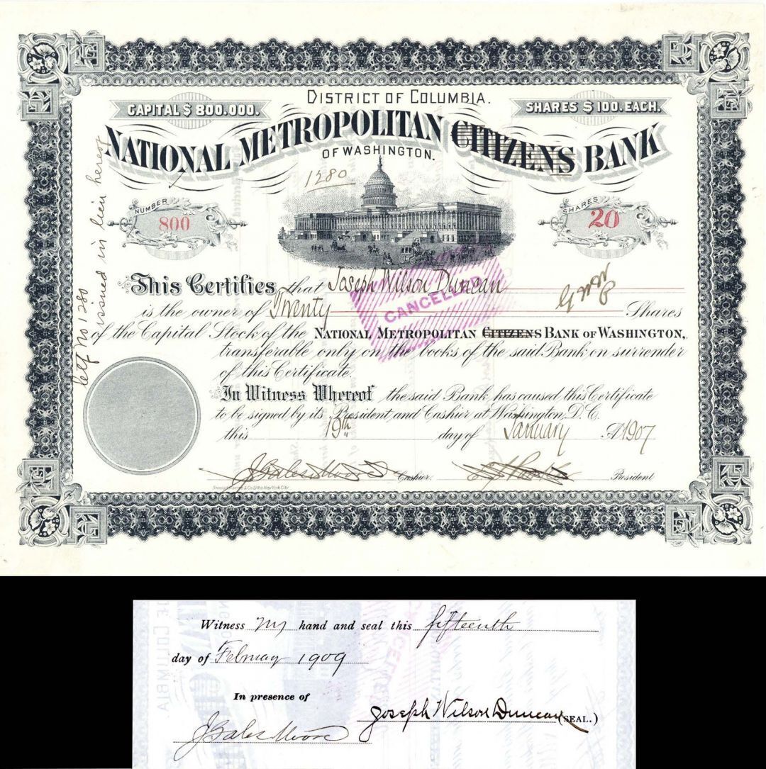 National Metropollitan Citizens Bank of Washington Issued to and Signed by Josep