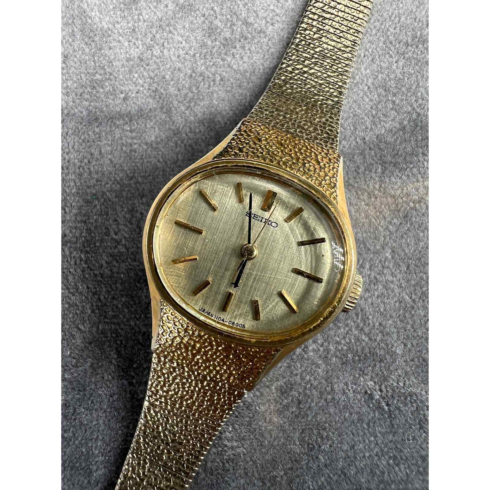 Vintage 1970s Seiko 1104-7140 Gold Tone Cocktail Watch, Mechanical Watch Running