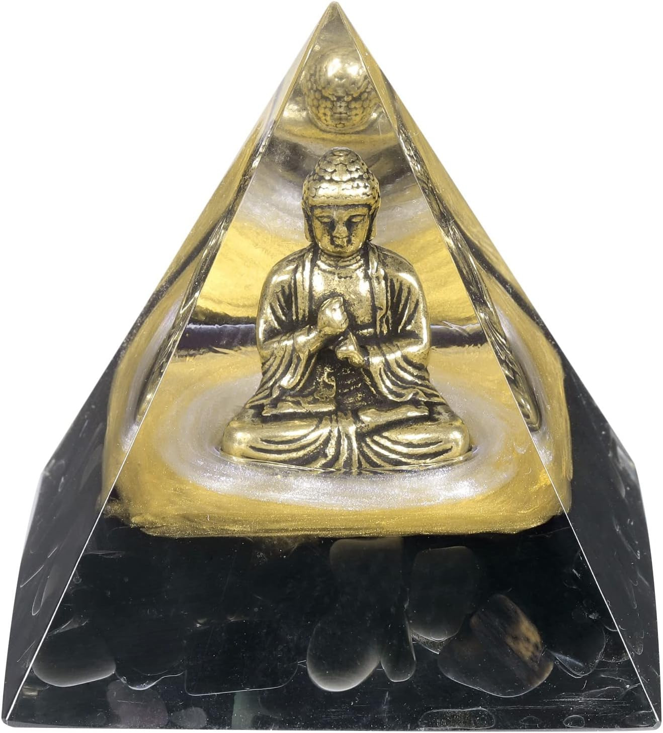 Brass Buddha Statue Black Obsidian Orgone Pyramid, Polished Chip Crystal Stones 