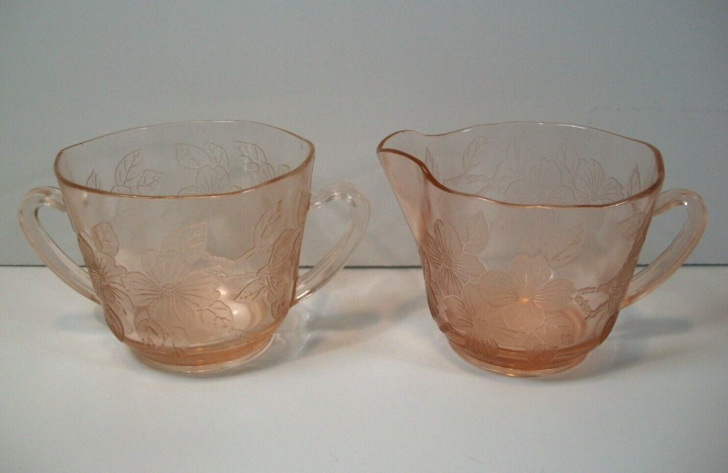 Vintage Pink Depression Glass ~ Creamer And Sugar Set ~ Floral Pattern