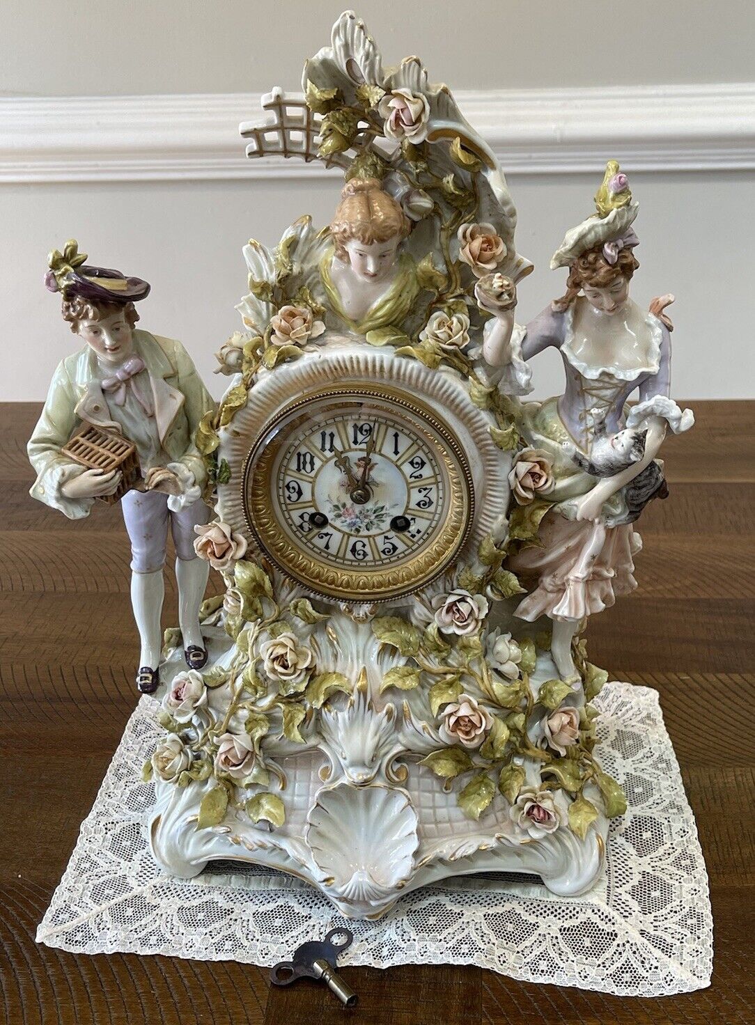 Antique Dresden Porcelain Ornate Figural Mantel Clock