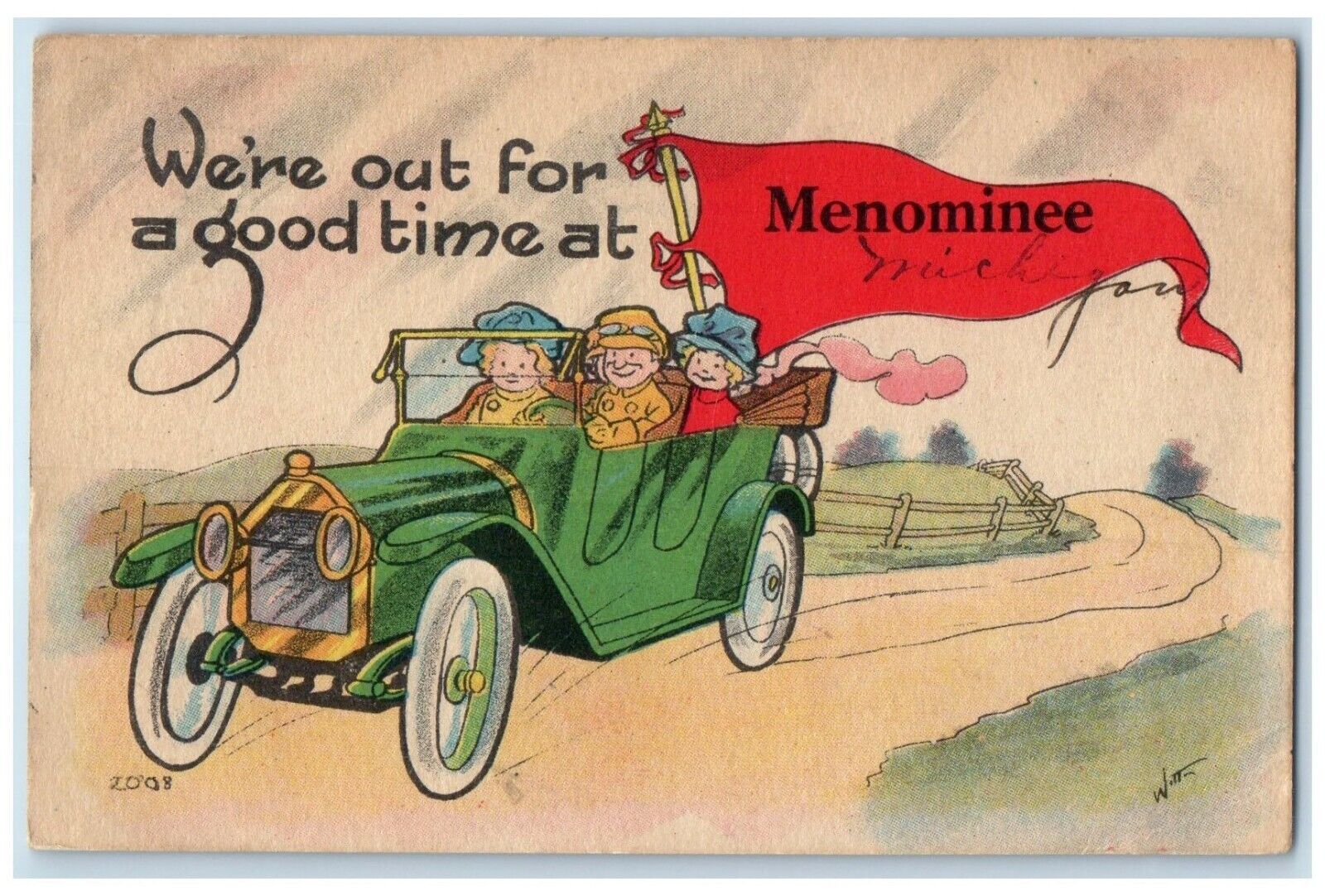 c1910 We're Out For A Good Time Driving Car Menominee Michigan Vintage Postcard