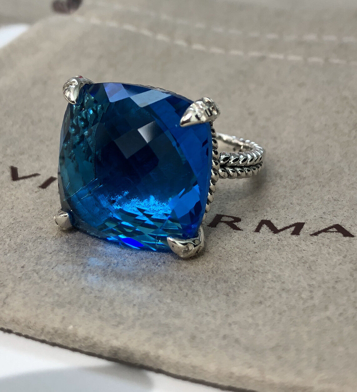 David Yurman 925 Silver Chatelaine 20mm Blue Topaz Diamond Ring Size 8