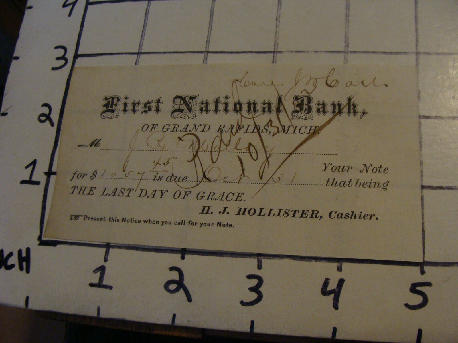 Original 1882 Receipt for Bank Note, FIRST NATIONAL BANK, Grand Rapids, MI 