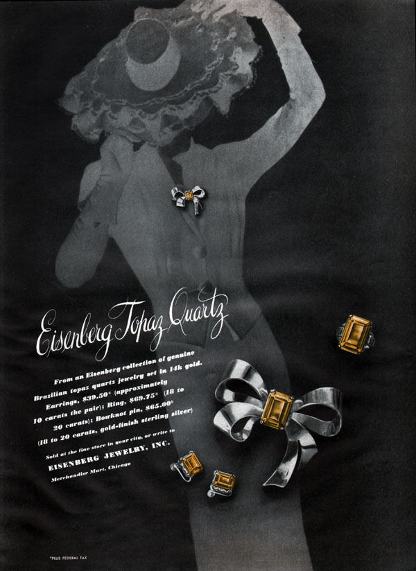 Eisenberg Topaz Quartz Custom Fashion Jewelry BOWKNOT PIN Earrings 1943 Print Ad