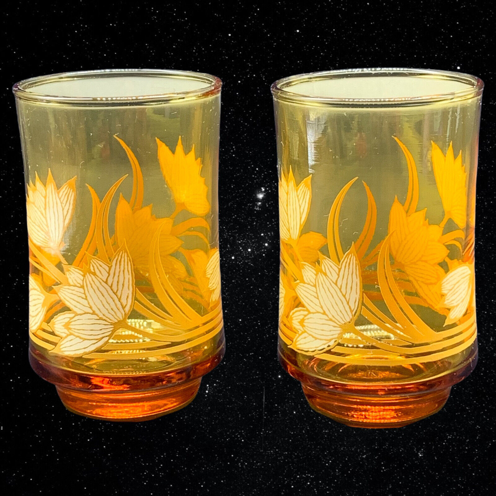 Set Of 2 Libbey Amber Juice Glasses Floral Design 3.75”T 2.75”W