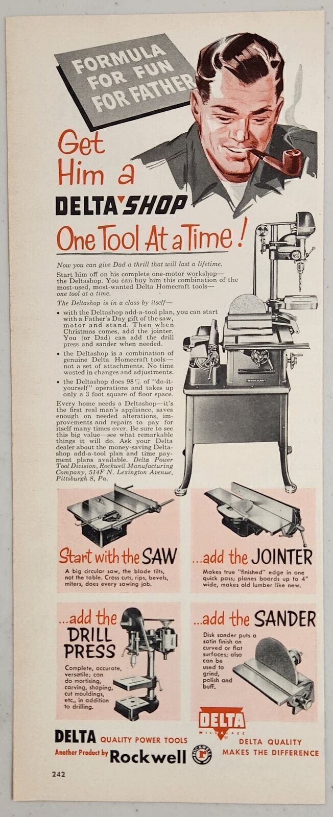 1950\'s Print Ad Delta Shop Saw,Jointer,Drill Press Man Smokes Pipe Pittsburgh,PA