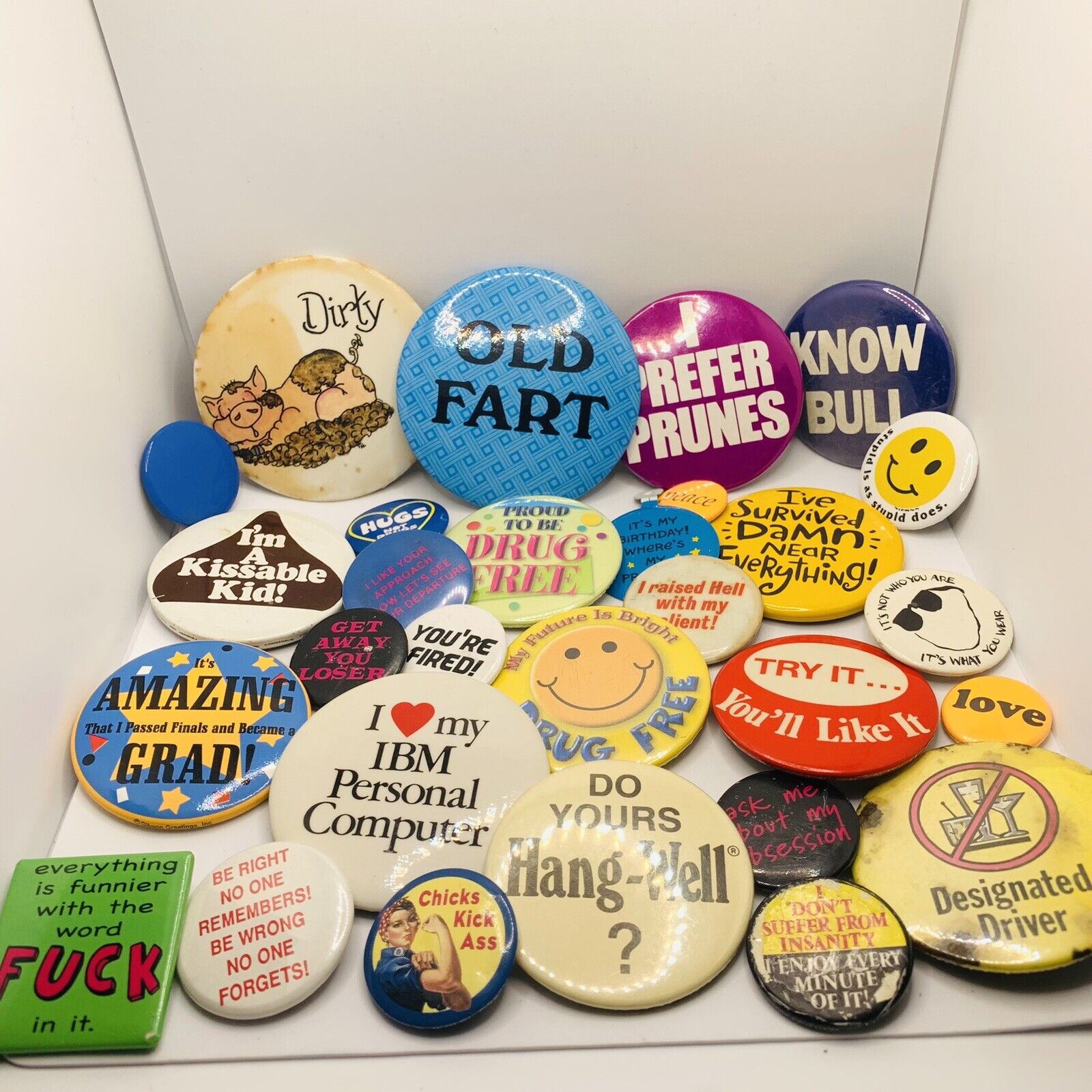 Collectible Vintage 80s/90s Lot of Pin Buttons IBM Drug Free Sarcastic Sayings