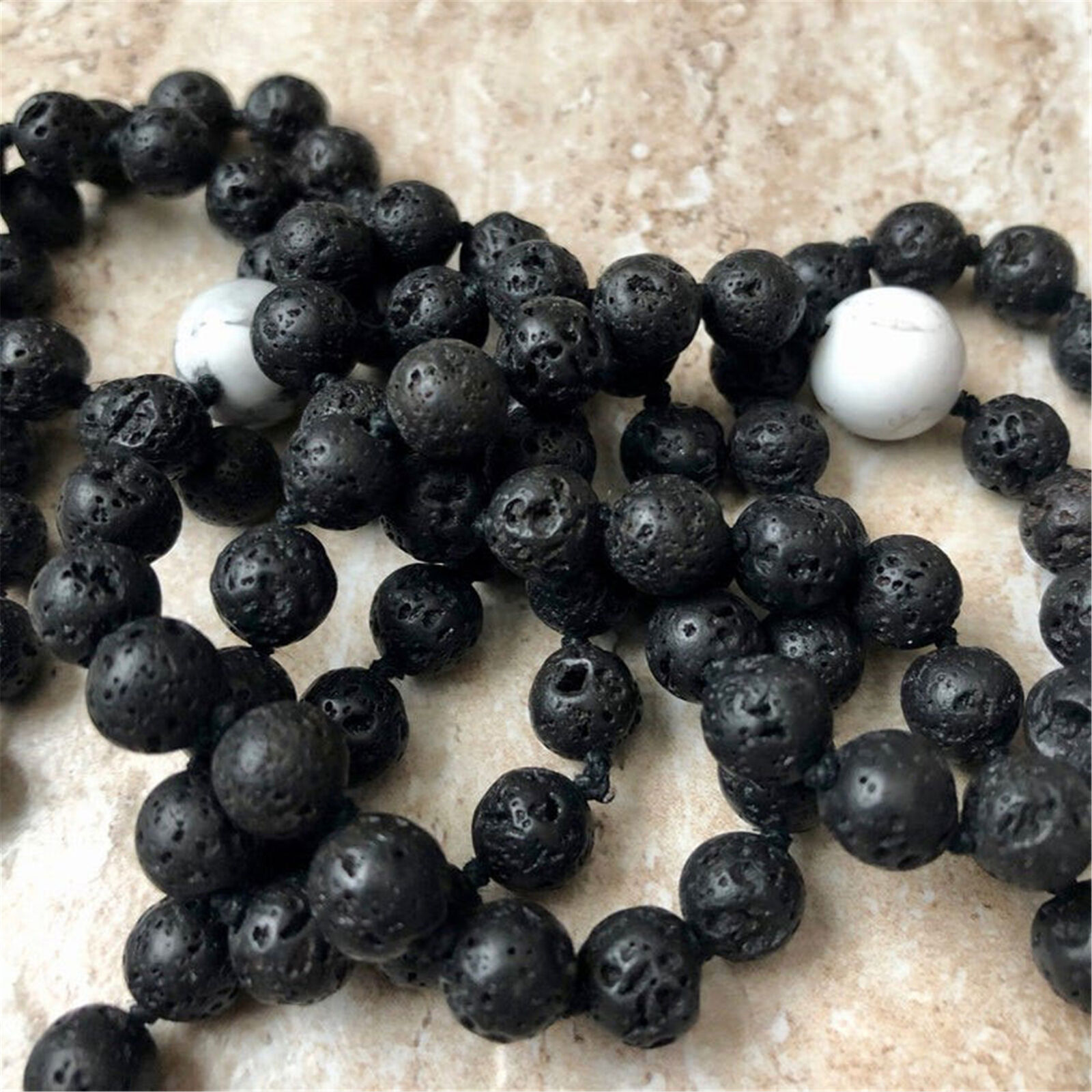 Natural Lava Stone Unisex 108 Beads Handmade Tassel Necklace Diy Dark Matter