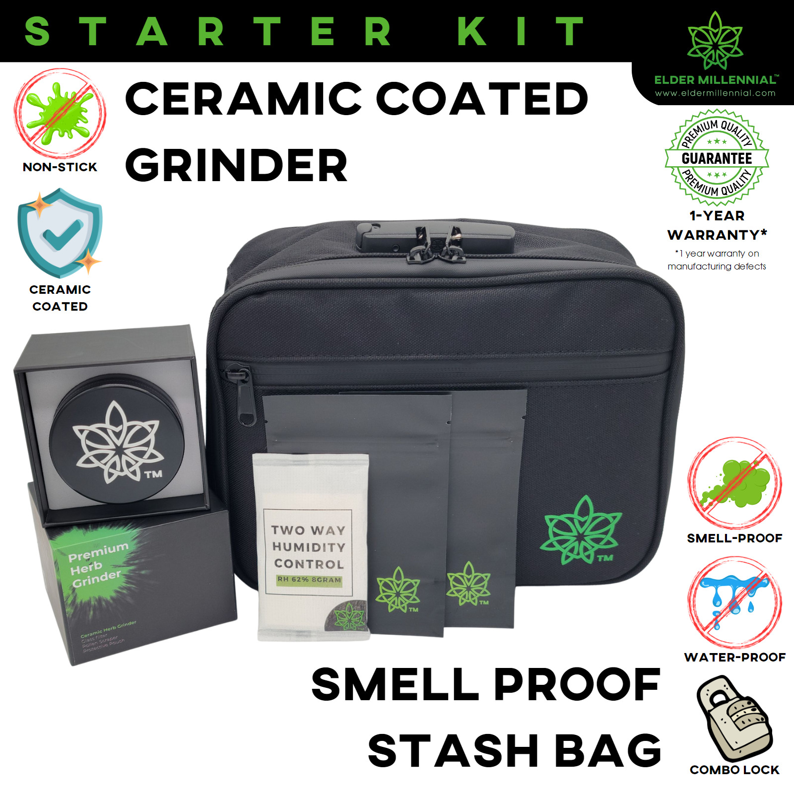 Premium Smell Proof Stash Bag & Non-Stick Grinder Combo Kit-Carbon Lined w Lock