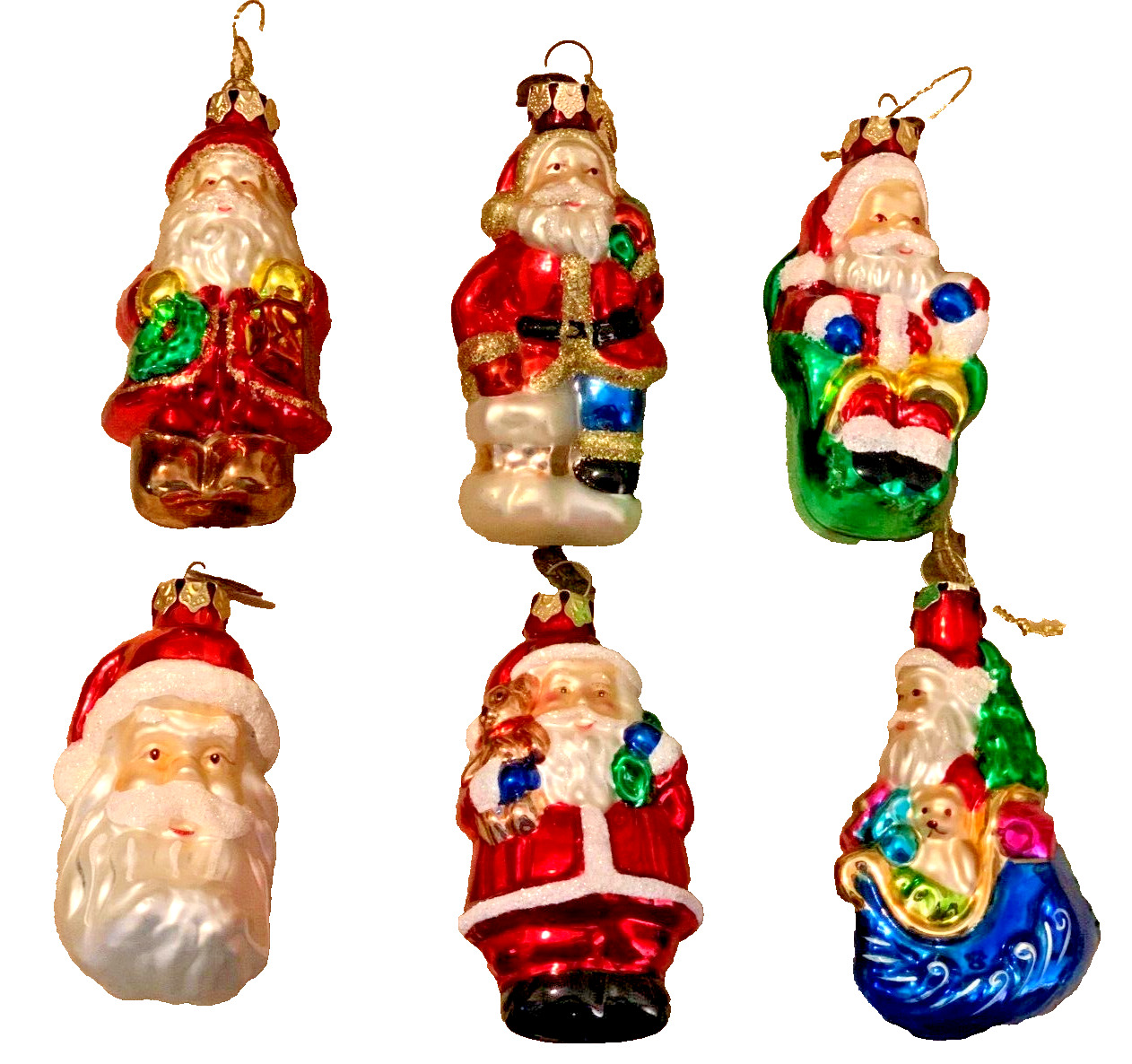 6 Vintage Thomas Pacconi Blown Glass Santa Claus Ornaments with Charm Tag