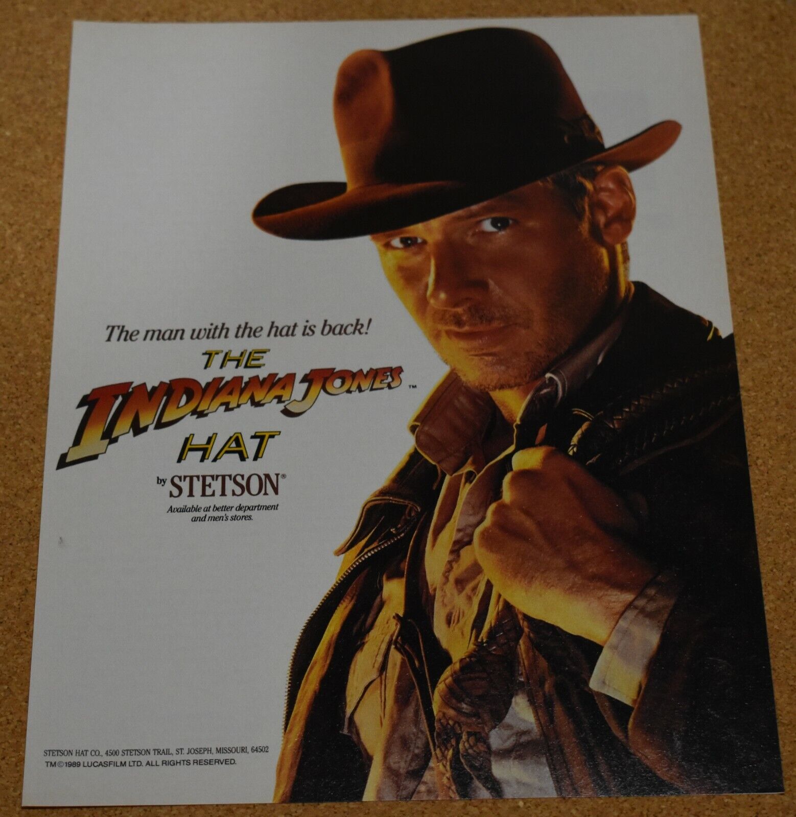 1989 Print Ad Indiana Jones Stetson Hat Harrison Ford George Lucasfilm movie man