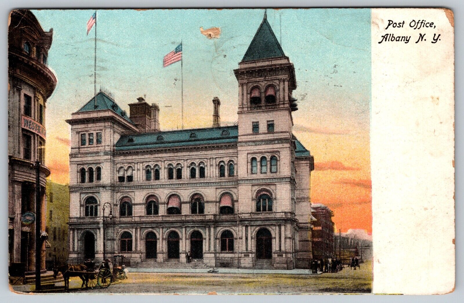 POST OFFICE ALBANY NY NEW YORK USPS 1907 BUGGIES & HORSES ANTIQUE POSTCARD