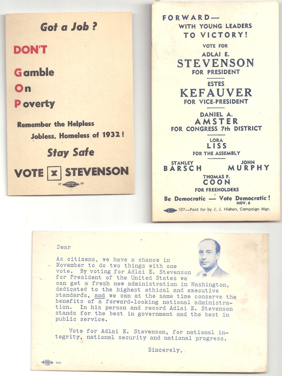 Lot of 3 ADLAI STEVENSON 1952 Voter's Cards DON'T GOP (Gamble On Poverty)