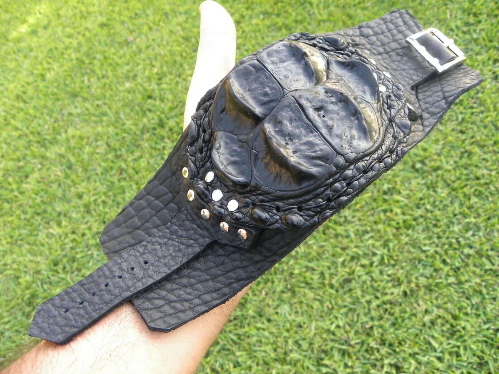 Genuine Alligator large Crocodile horn skin Bison leather men cuff bracelet 