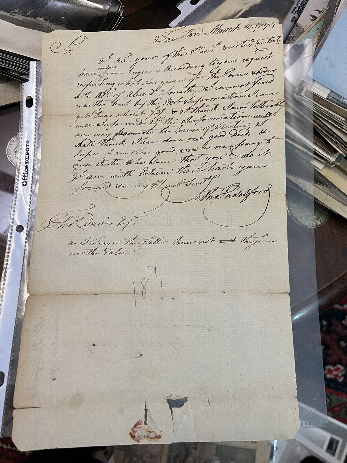 1794 Stampless Letter/Cover Justice Seth Padelford Taunton to State Treasurer