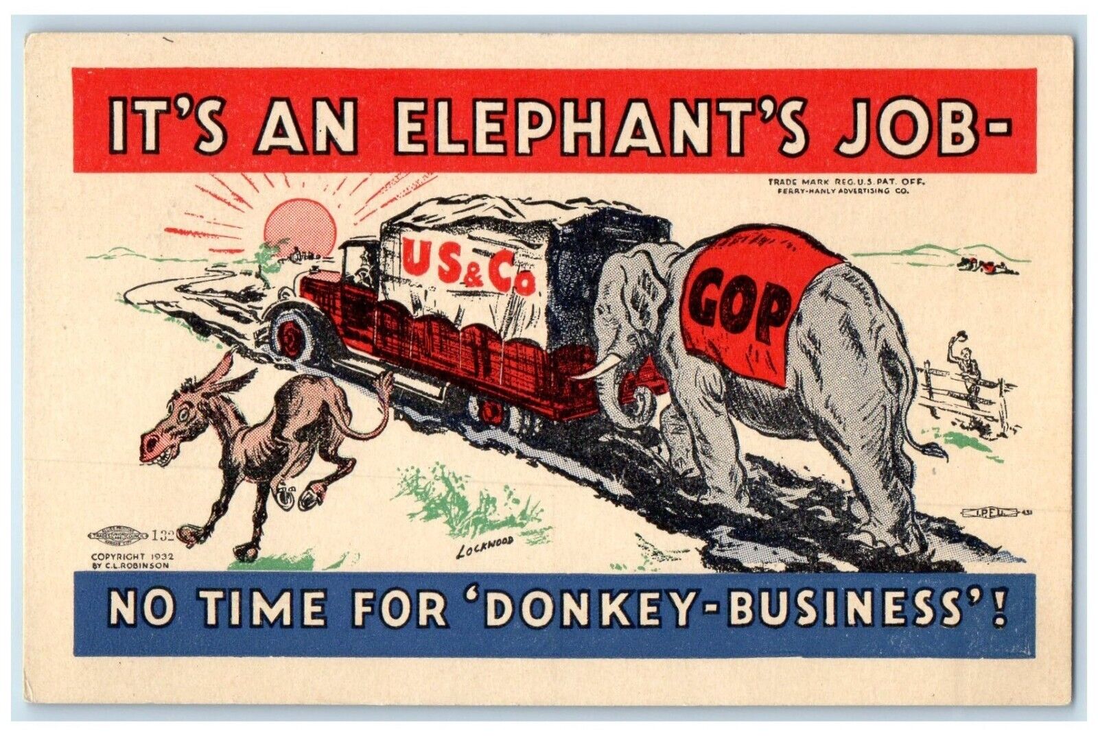 c1910\'s US & Co. Elephant\'s Job GOP Lockwood Political Anti Democrat Postcard