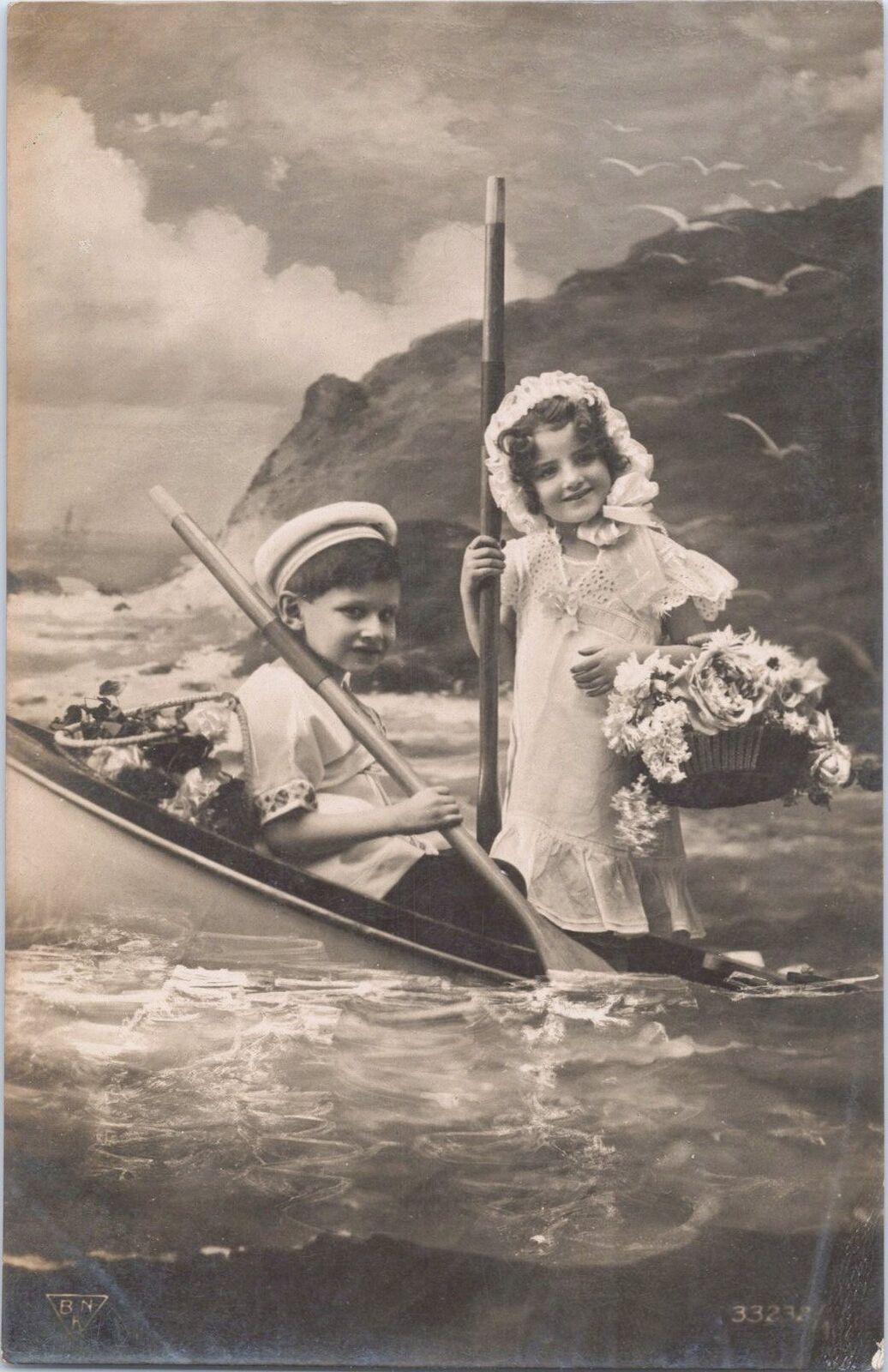 ZAYIX Real Photo Postcard Child Sailor & Flower Girl on River BNK c1909 vintage