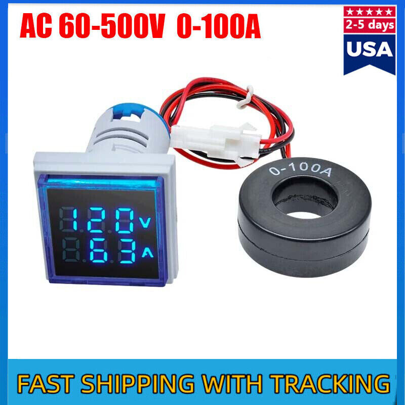 AC 60-500V 0-100A 22mm Voltmeter Ammeter LED Light Digital Volt AMP Meter