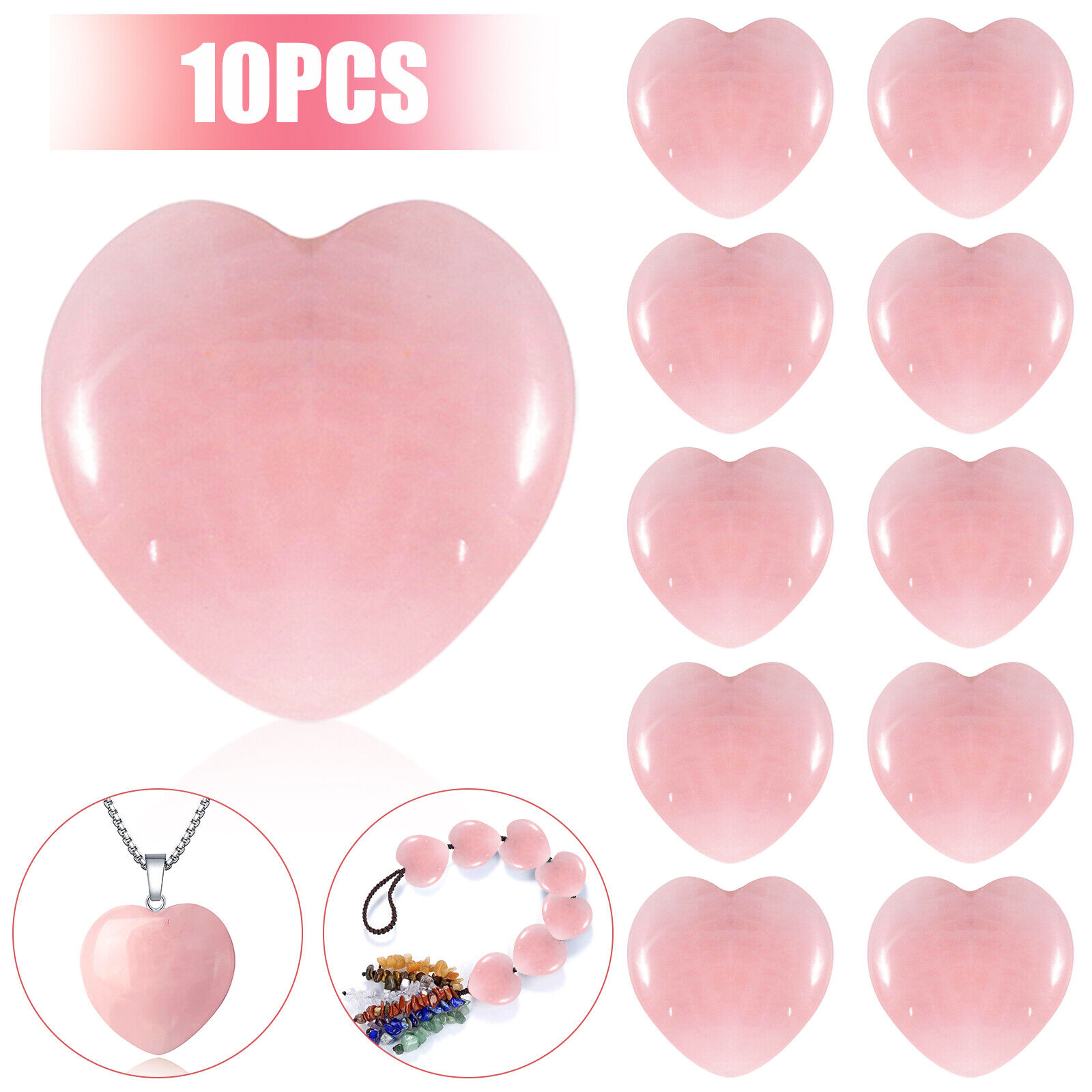 10Pcs Natural Crystal Rose Quartz Pocket Palm Worry Stones Puff Heart Healing