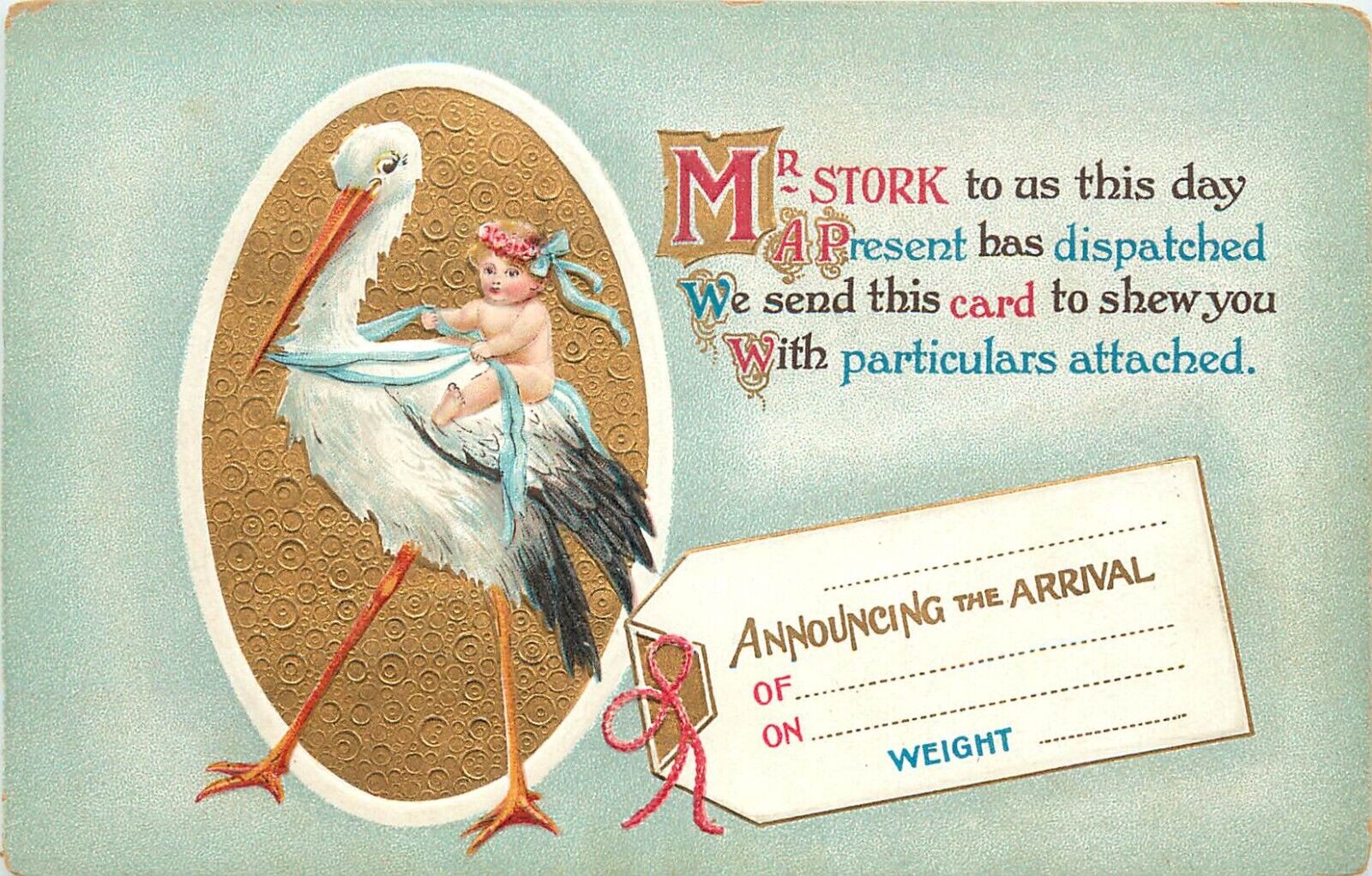 Bamforth Embossed Birth Announcement Postcard E.12 Baby Rides Stork Luggage Tag