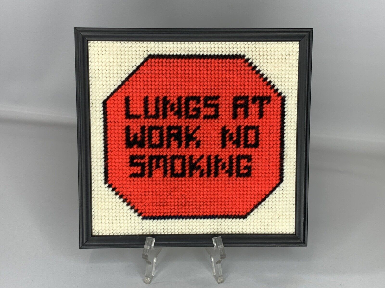 VTG Lungs At Work No Smoking Needlepoint Sign Stop ALA American Lung Framed 9.5”