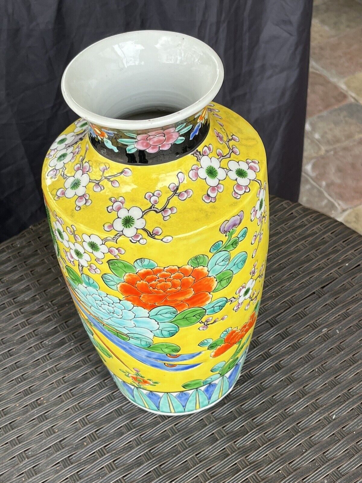 1960's Yellow/Green Japanese Chinoiserie Ceramic Vase