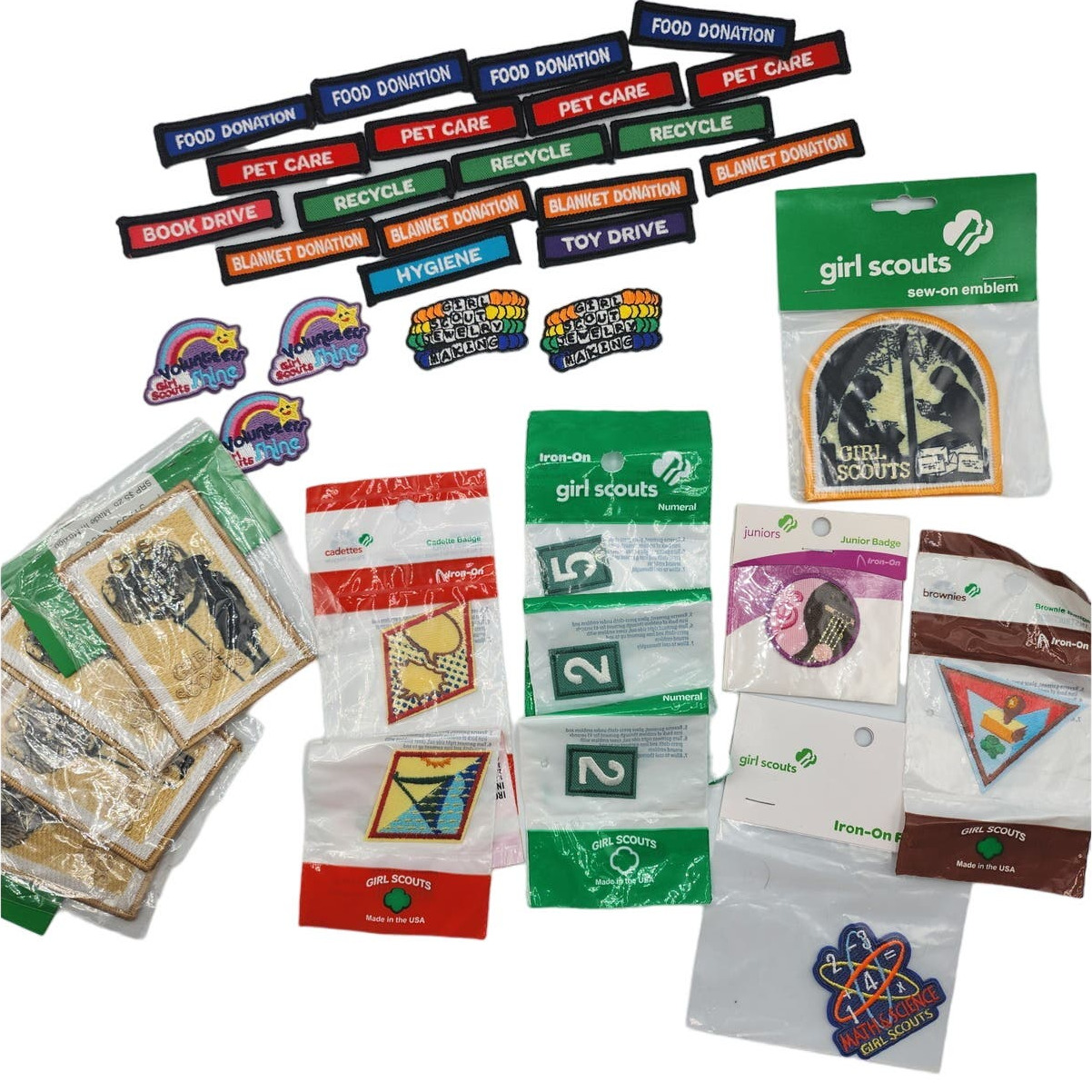 Huge Lot of 36 Girl Scouts Patches Volunteer Recycle Badge Some New