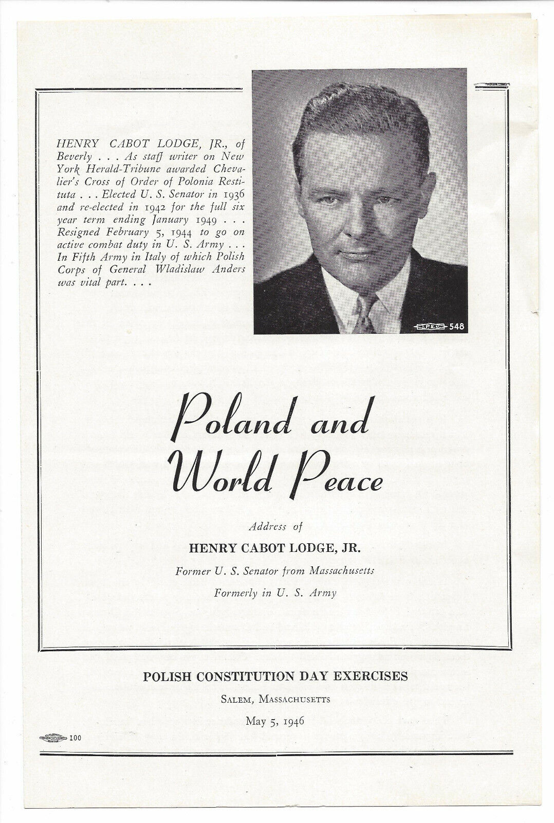 Henry Cabot Lodge Jr. Massachusetts 1946 Polish Constitution Day Speech brochure